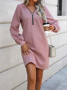 EMERY ROSE Half Zip Lantern Sleeve Dress - Pink - View 3