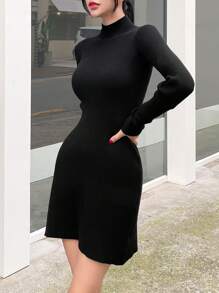 Dazy Star Chất rắn Cổ cao Đồ đan Ribbed Đầm Áo len - màu đen - Xem 3