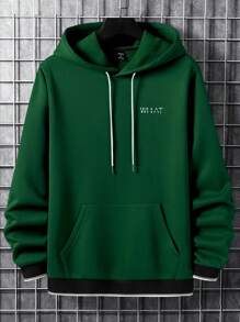Manfinity Homme Nam Viền tương phản Đồ họa Chữ cái Túi kangaroo Dây rút Lót nhiệt Hoodie - Màu xanh lá cây đậm - Xem 1