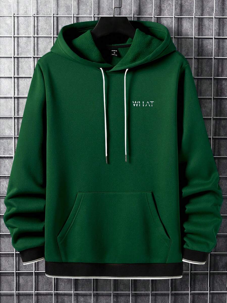 Manfinity Homme Nam Viền tương phản Đồ họa Chữ cái Túi kangaroo Dây rút Lót nhiệt Hoodie - Màu xanh lá cây đậm - Xem 1