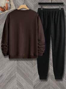 Manfinity Homme Men Plus Letter Graphic Sweatshirt & Sweatpants - Coffee Brown - View 2