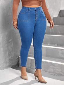 SHEIN Privé Plus Button Fly Skinny Jeans - Medium Wash - View 5