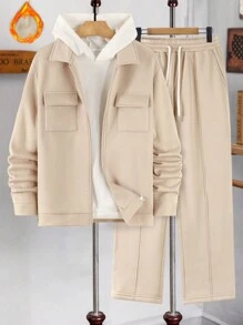 Manfinity Homme Nam Tay áo dài Dây kéo mặt trước Áo khoác Và Quần Bộ - Màu be - Xem 6