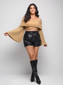 SCINTILLA Designer Plus Off Shoulder Flare Sleeve Crop Top, For Holiday, Vacation, Spring, Going Out, Festival, Ibiza Fits - Camel - View 4