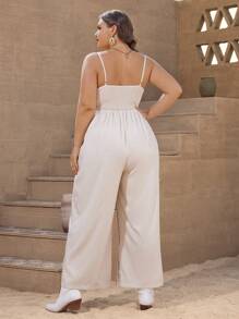 SHEIN VCAY 大碼條紋和幾何圖案闊腿吊帶連體褲 - 米色 - 查看 2