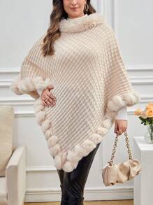 SHEIN Privé Kích thước lớn Thanh lịch Sang trọng Cạnh Áo chui đầu Áo len Cape - Màu be - Xem 4