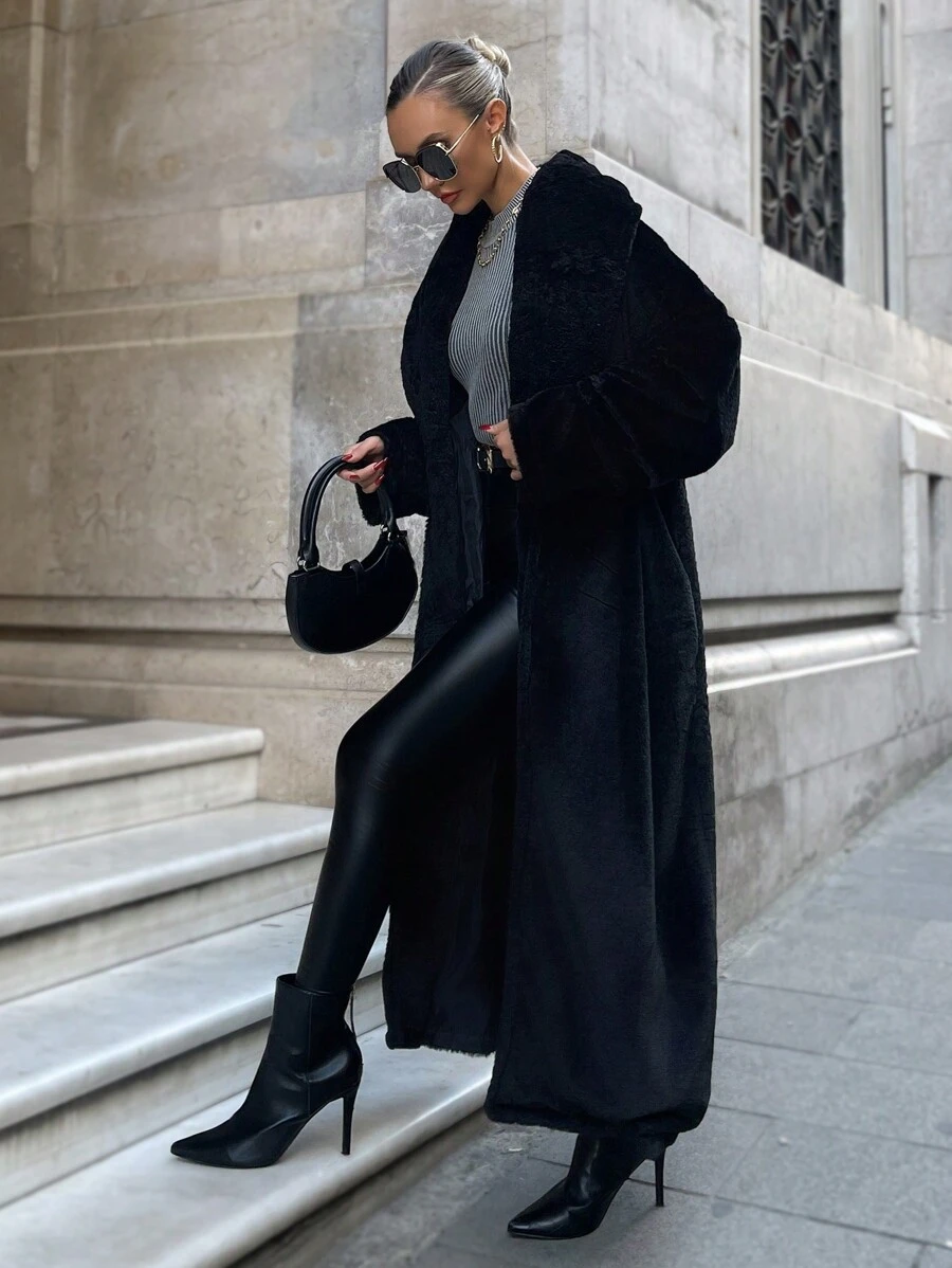 EURMUSE Open Front Fuzzy Coat - Black - View 1