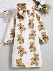 SHEIN 女大童小熊印花雙口袋3D耳朵設計連帽搖粒絨外套 - 彩色 - 查看 2