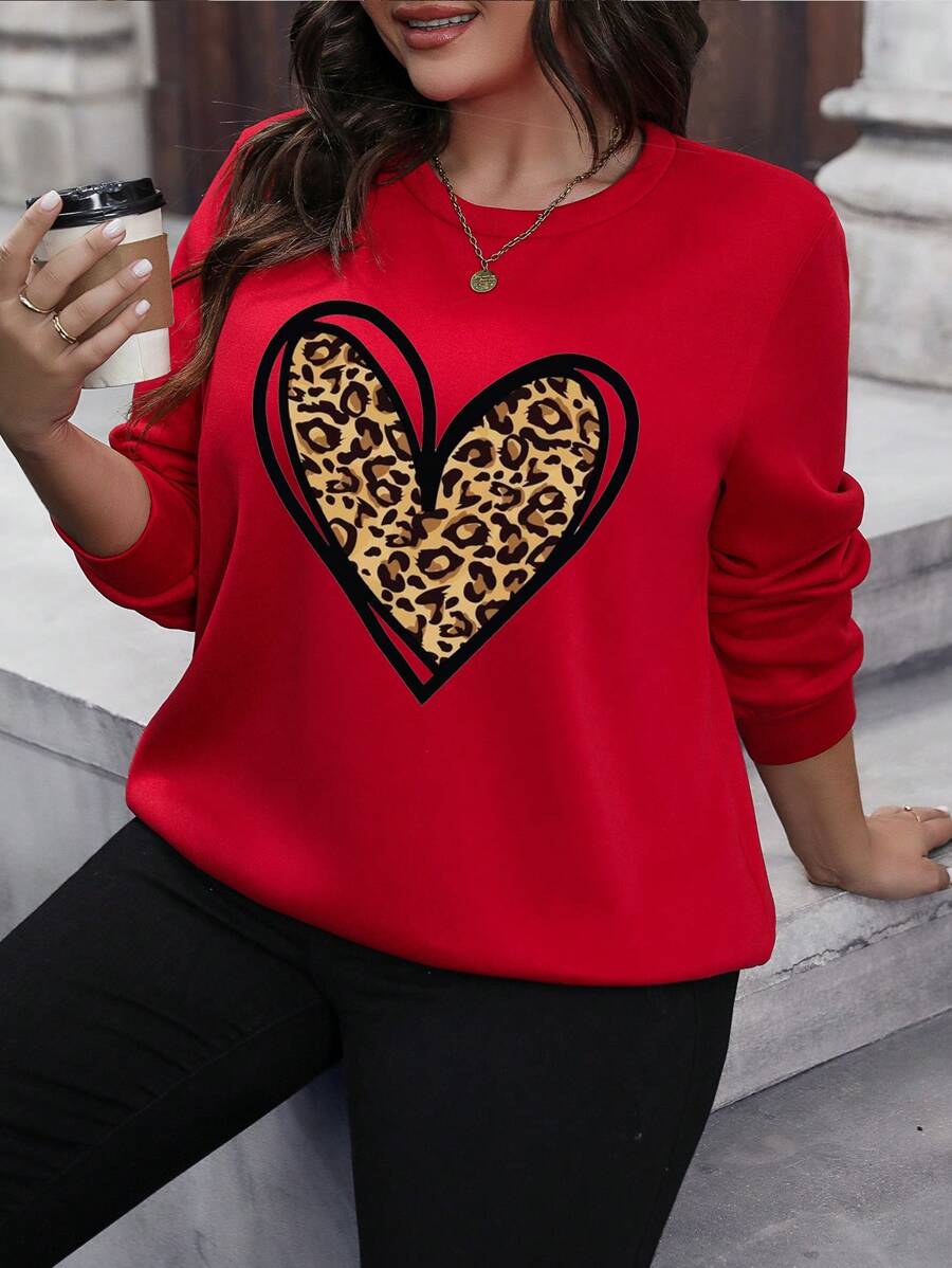 Flirla Hơn In trái tim & Da báo Vòng cổ Áo nỉ - Đỏ - Xem 1