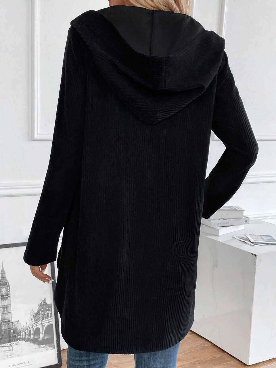 Solid Button Front Hooded Corduroy Coat