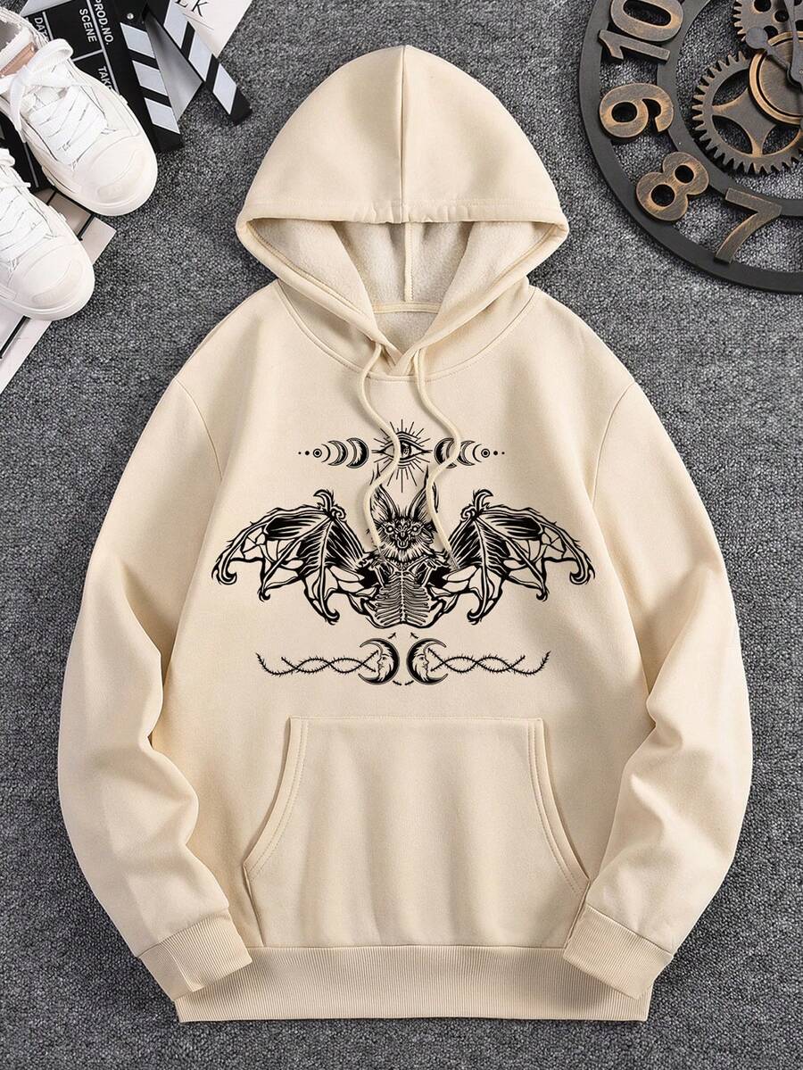 Nam In dơi Túi kangaroo Dây rút Lót nhiệt Hoodie - Màu be - Xem 1