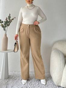 RueChic Plus High Waist Slant Pocket Pants - Beige - View 1