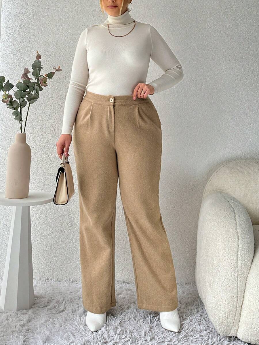 RueChic Plus High Waist Slant Pocket Pants - Beige - View 1