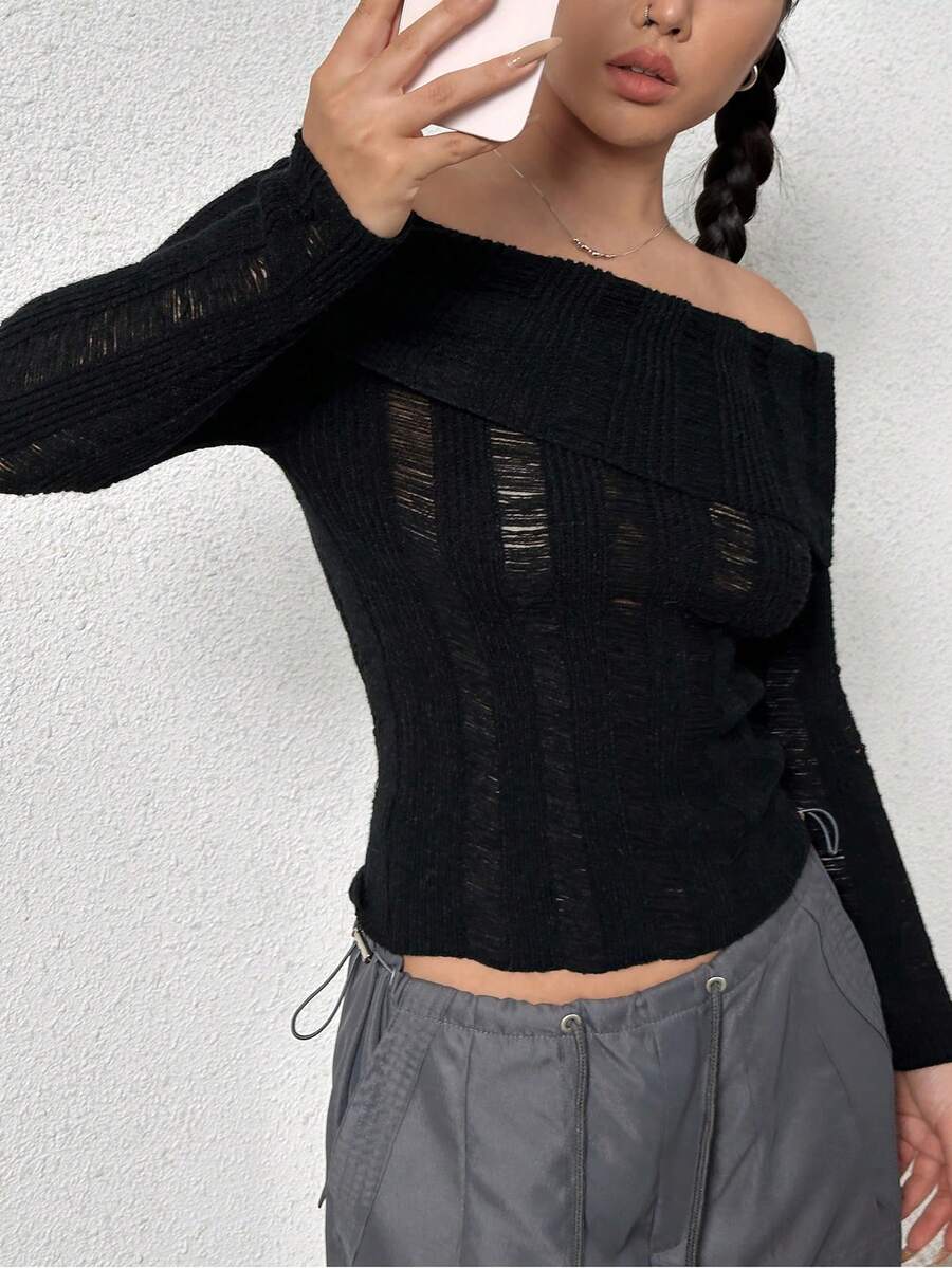 SHEIN Unity Foldover Off Shoulder Ripped Sweater - Black - View 1