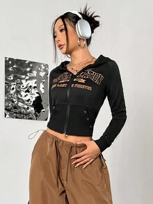 SHEIN Unity Letter Graphic Raglan Sleeve Zip Up Crop Hoodie - Black - View 6