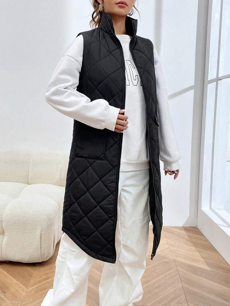 Flap Pocket Zip Up Quilted Vest Coat