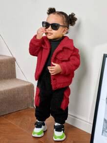 SHEIN Baby Girl Flap Pocket Teddy Coat & Pants Without Tee - Red - View 5