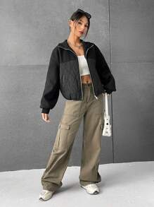 SHEIN EZwear Two Tone Drop Shoulder Zip Up Quilted Coat - Black - View 6