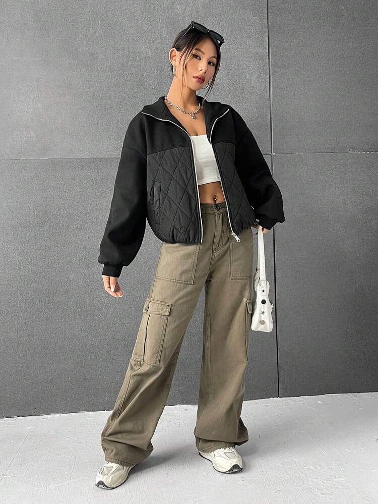 Two Tone Drop Shoulder Zip Up Quilted Coat