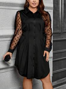 SHEIN Clasi Plus Contrast Dobby Mesh Puff Sleeve Fold Pleated Detail Shirt Dress - Black - View 1