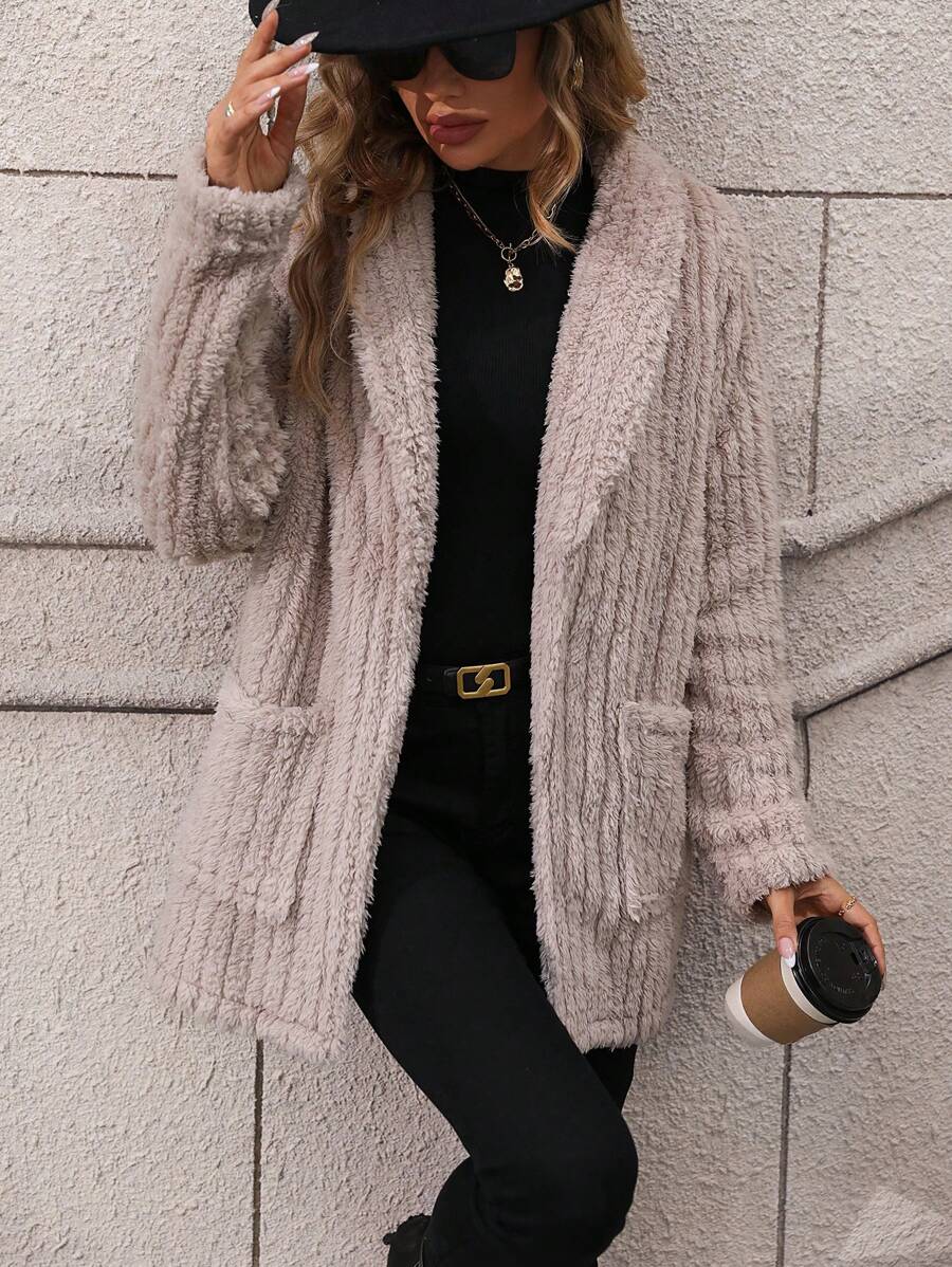 SHEIN Essnce 青果領雙口袋開門襟絨毛外套 - 杏色 - 查看 1