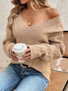 Chiquease Xoắn Dan Thả vai Áo len - Màu Khaki - Xem 6