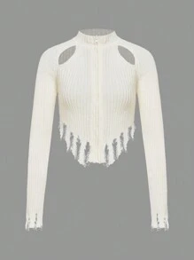 SHEIN ICON Cut Out Front Raglan Sleeve Asymmetrical Hem Distressed Trim Cardigan - White - View 1