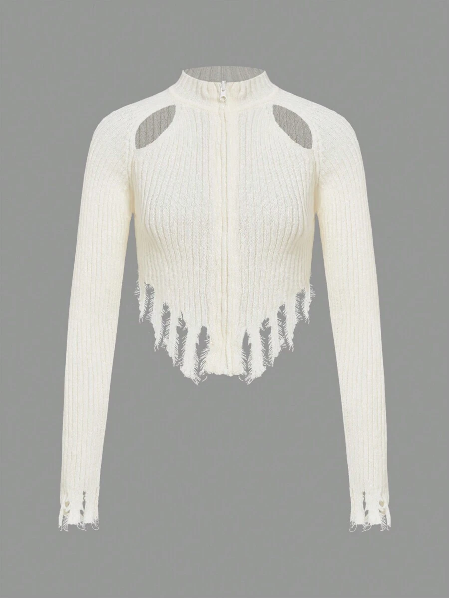 SHEIN ICON Cut Out Front Raglan Sleeve Asymmetrical Hem Distressed Trim Cardigan - White - View 1