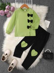 Young Girl Bow Front Split Hem Sweatshirt & Heart Print Pants - Mint Green - View 1