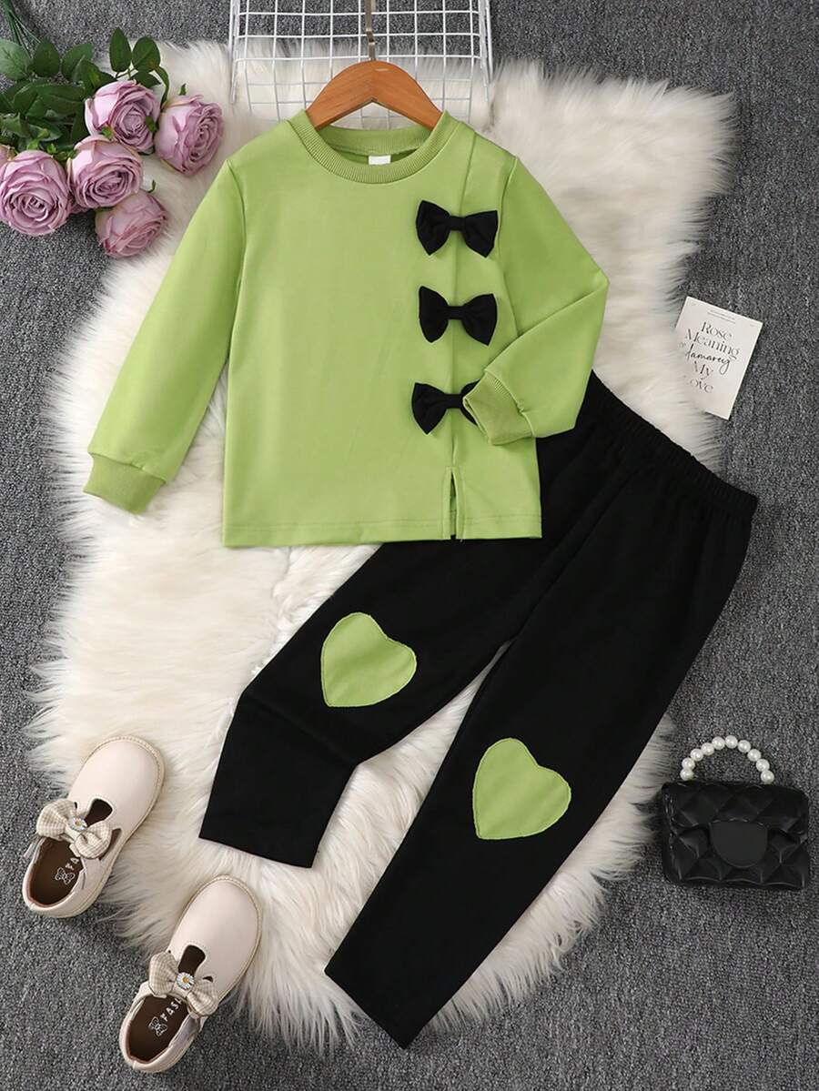Young Girl Bow Front Split Hem Sweatshirt & Heart Print Pants - Mint Green - View 1