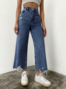 Cottnline Ripped Raw Hem Wide Leg Jeans - Dark Wash - View 4