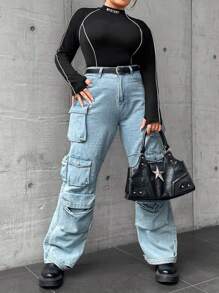 Flirla 加字母图案对比滚边立领 T 恤图案 T 恤女式上衣