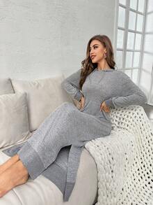 Drop Shoulder Drawstring Hooded Lounge Dress - Grey - View 4