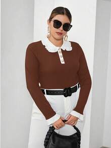 SHEIN Essnce Hơn Cổ áo tương phản Nút phía trước Áo thun - Màu nâu Sô-cô-la - Xem 4