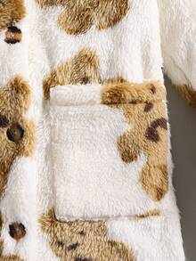 SHEIN 女大童小熊印花雙口袋3D耳朵設計連帽搖粒絨外套 - 彩色 - 查看 3