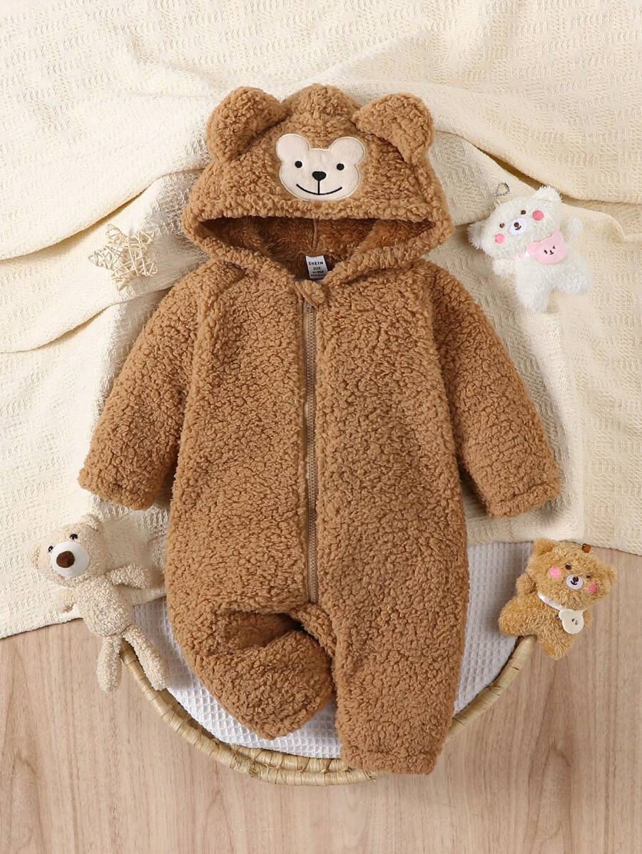 Baby Boy Bear Embroidery 3D Ears Design Hooded Teddy Jumpsuit - Brown - View 1