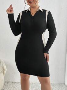 SHEIN Essnce 大碼拼接面1/4拉鍊緊身洋裝 - 黑色 - 查看 5