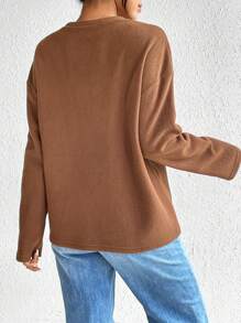 SHEIN Essnce 女款抓絨長袖落肩 T 卹 - 棕色 - 查看 2