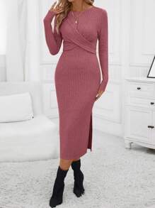 SHEIN Clasi Chất rắn Tách đùi Váy bodycon - Bụi hồng - Xem 3