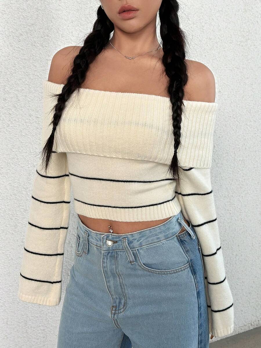SHEIN Unity 条纹露肩短款针织套头衫秋冬毛衣 - 彩色 - 查看 1
