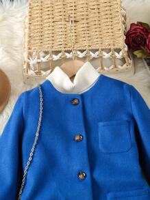 SHEIN Young Girl Button Front Pocket Patched Overcoat - Blue - View 5