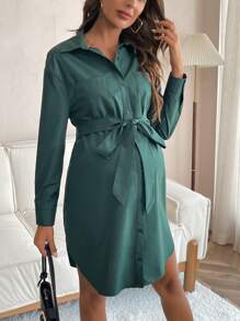 SHEIN Thai sản Thả vai Thắt lưng Váy sơ mi - Màu xanh lá cây đậm - Xem 1