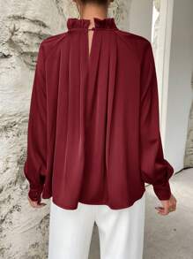SHEIN Privé Frill Neck Raglan Sleeve Pleated Detail Blouse - Burgundy - View 2