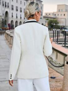 SHEIN BIZwear Viền tương phản Đôi ngực Cổ áo không bâu Tweed Áo vest - trắng - Xem 2