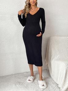 SHEIN Váy dệt kim gân cho bà bầu - màu đen - Xem 3
