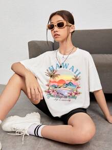青少年女孩熱帶印花&字母圖案落肩T恤 - 白色 - 查看 3