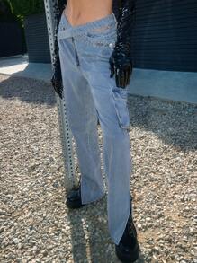 SHEIN Haute 交叉腰部分裂口貨物牛仔褲 - 淺色水洗藍 - 查看 3