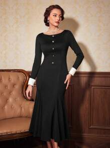 Vintamour 复古风格女式鱼尾露肩连衣裙 - 黑與白 - 查看 7