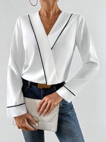 SHEIN Privé Blusa cruzada unido en contraste de cuello cruzado - Blanco - Ver 1