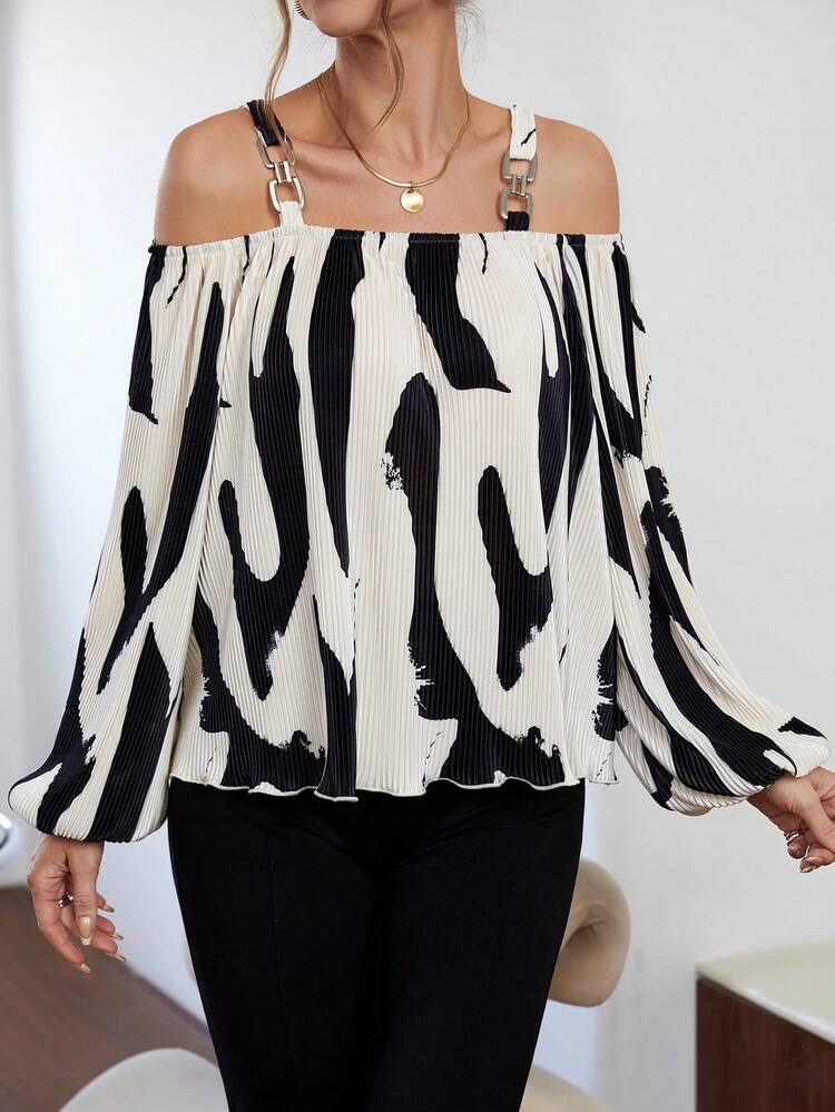 Graphic Print Cold Shoulder Lantern Sleeve Top